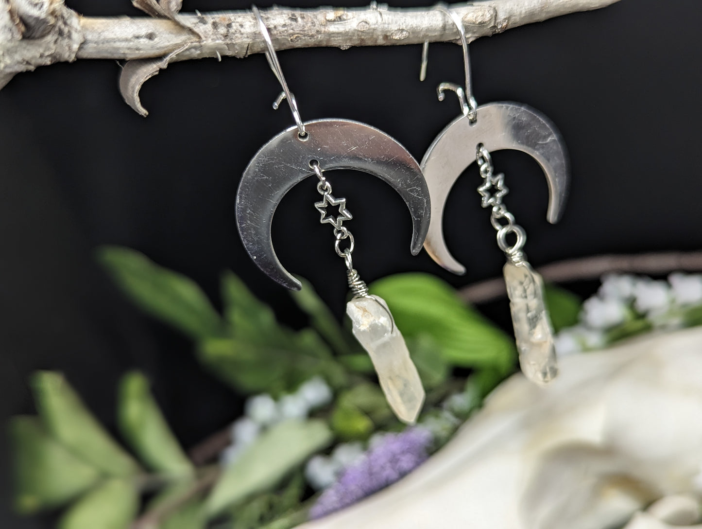 Raw Quartz Crystal Crescent Moon Earrings