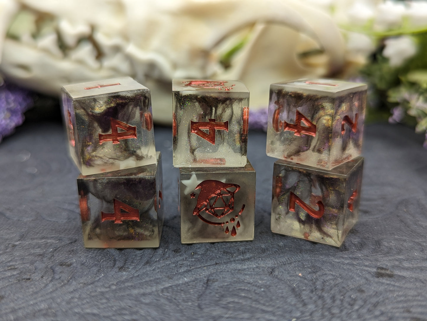 Crimson Nebula (Glow in the Dark) - 6 d6 Handmade Dice Set