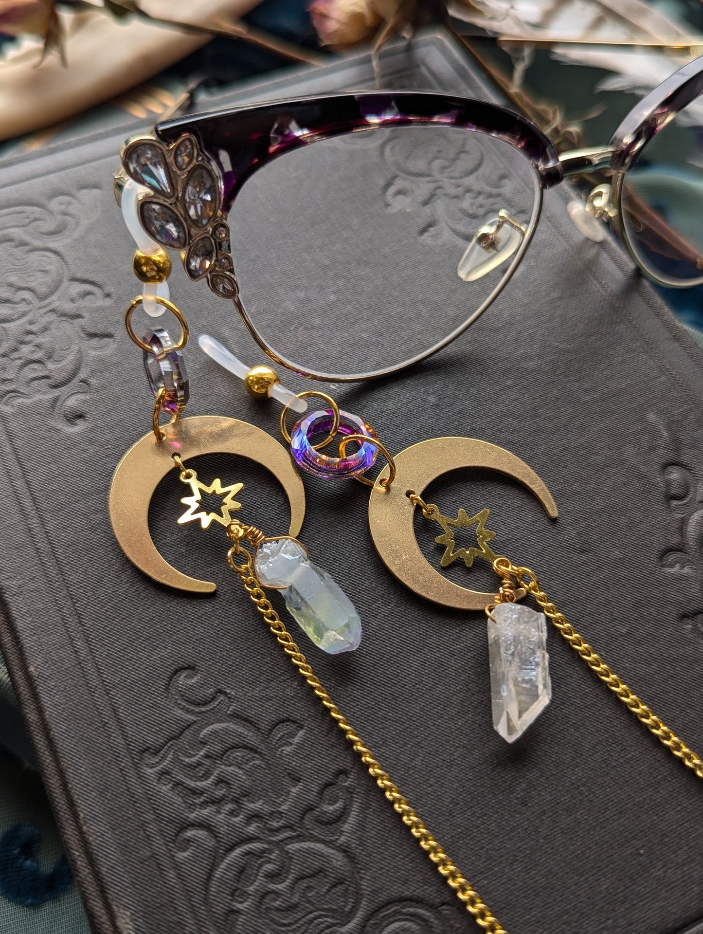 Quartz and Crescent Moon Eyeglasses Chain