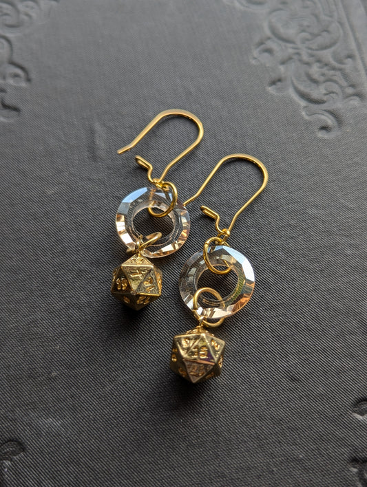 Gold d20 and Glass Earrings