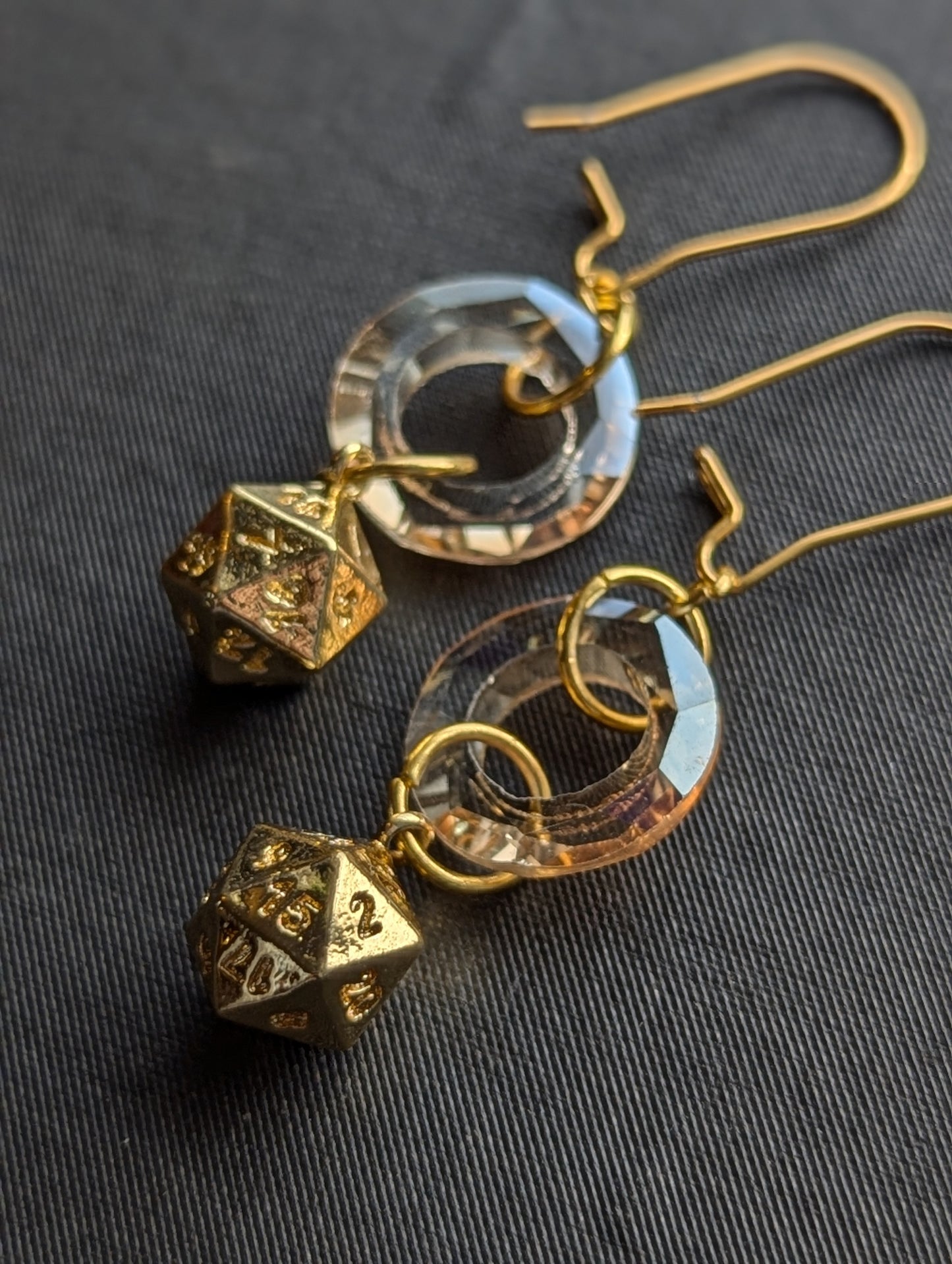 Gold d20 and Glass Earrings