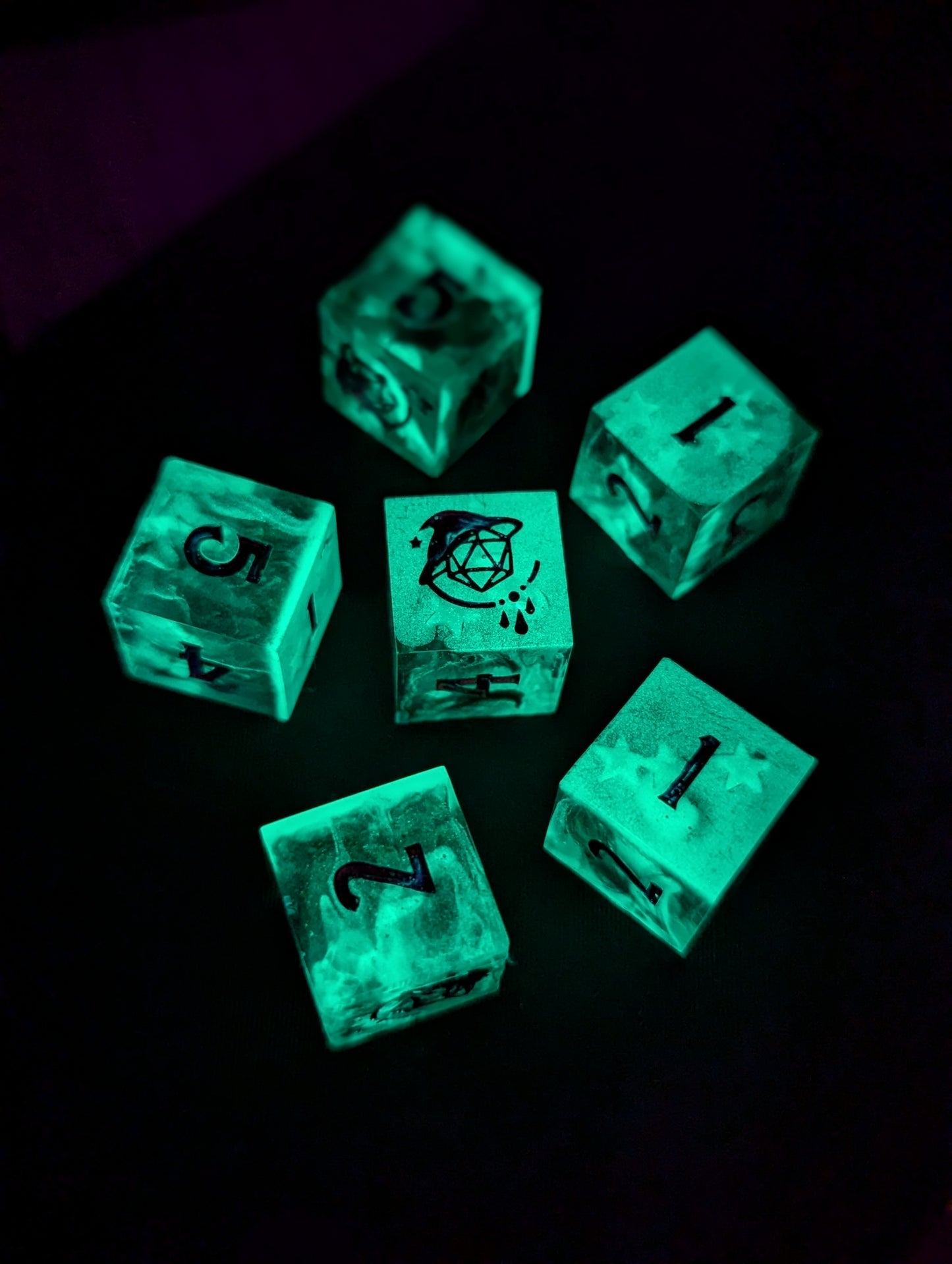 Crimson Nebula (Glow in the Dark) - 6 d6 Handmade Dice Set