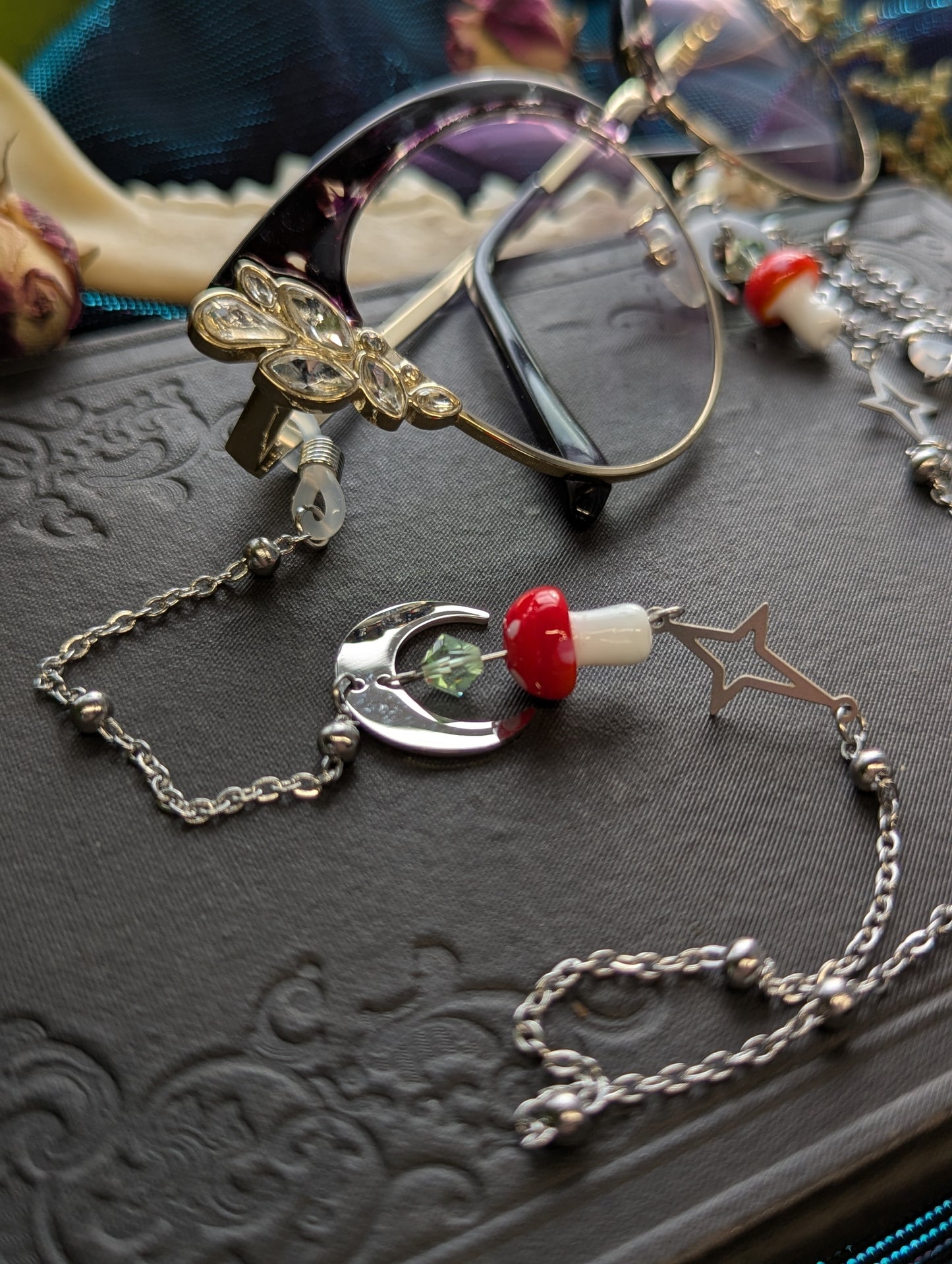 Glass Mushroom & Crystal Eyeglasses Chain